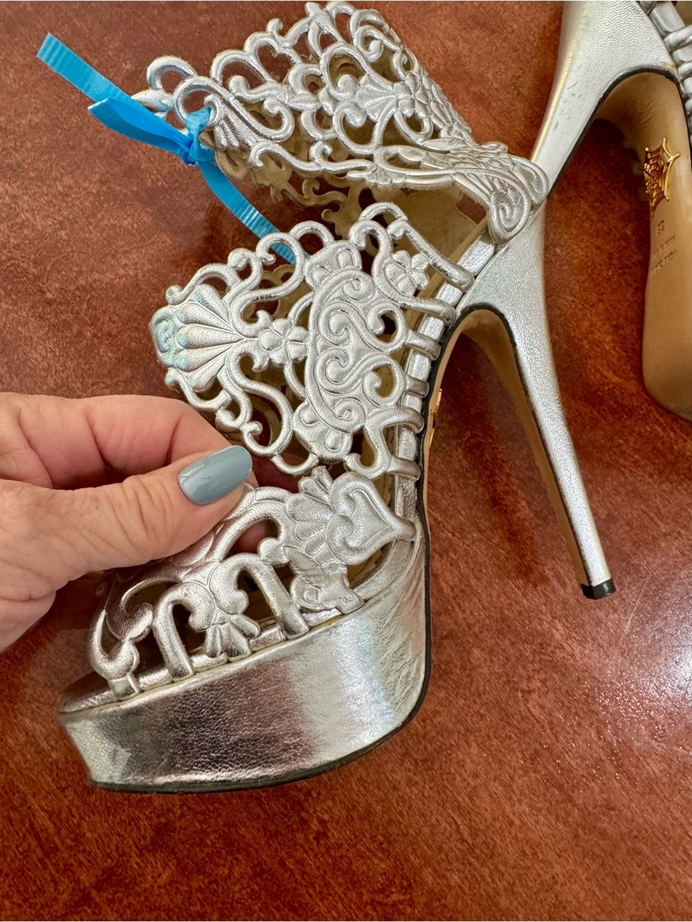 Charlotte Olympia Silver Filigree Platform Stiletto Sandals - Picture 7 of 12